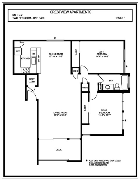 Floor plan for 2 beds, 1 bath, 1050 sqft
